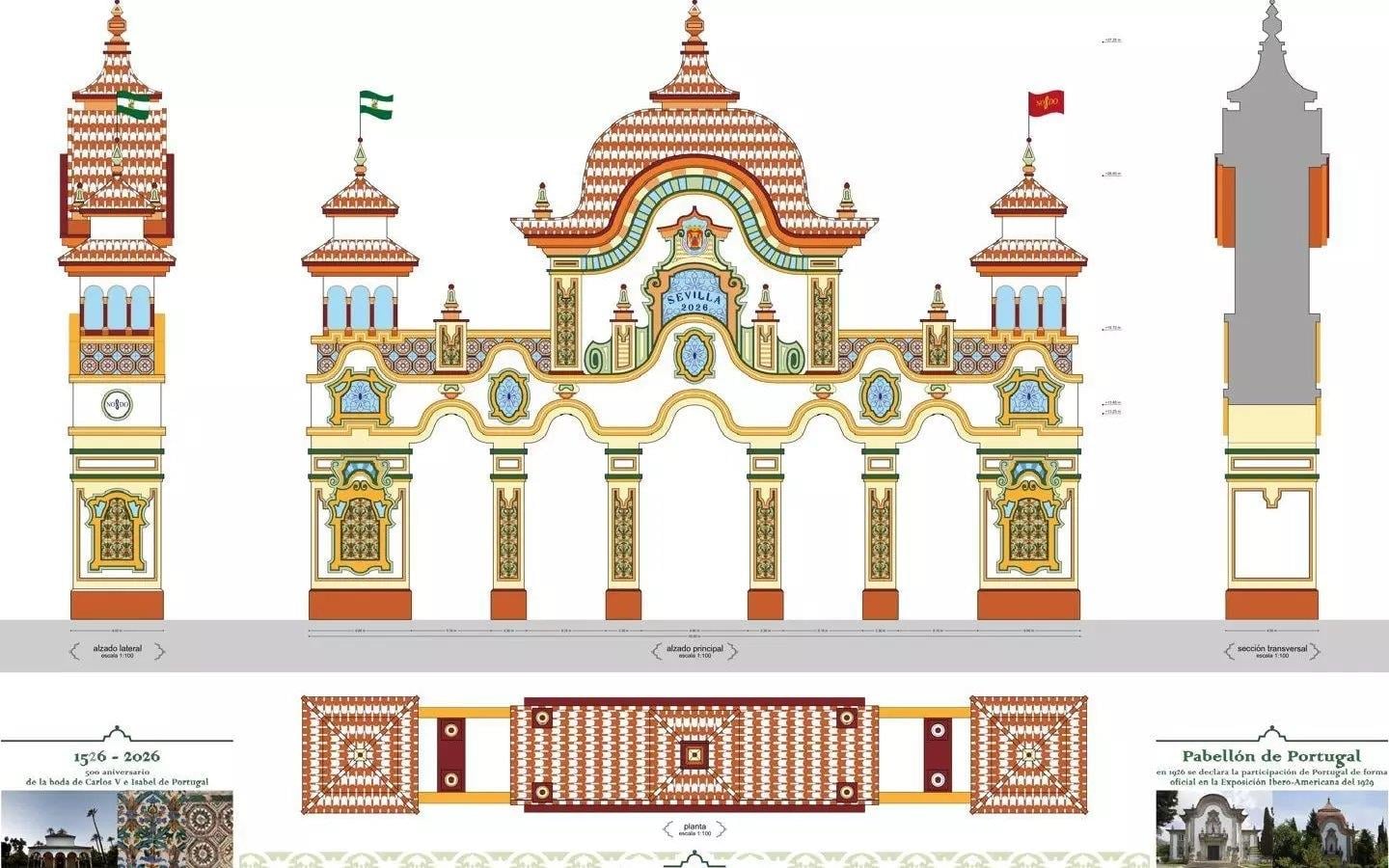 Das Plakat für den Eingangsbogen der Feria de Abril 2026